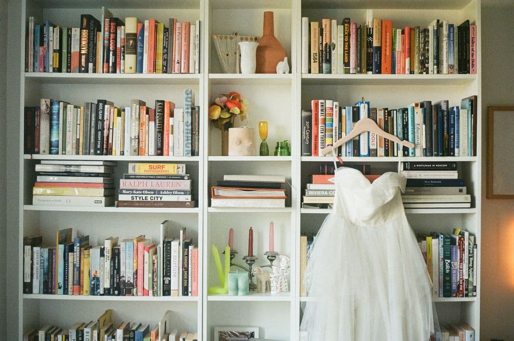 Wedding dress on a bookshelf
