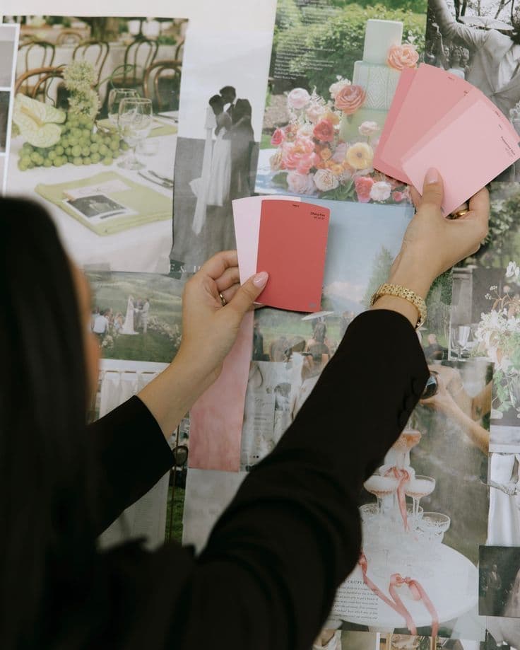 A stylist holding paint swatches against a mood board of event imagery